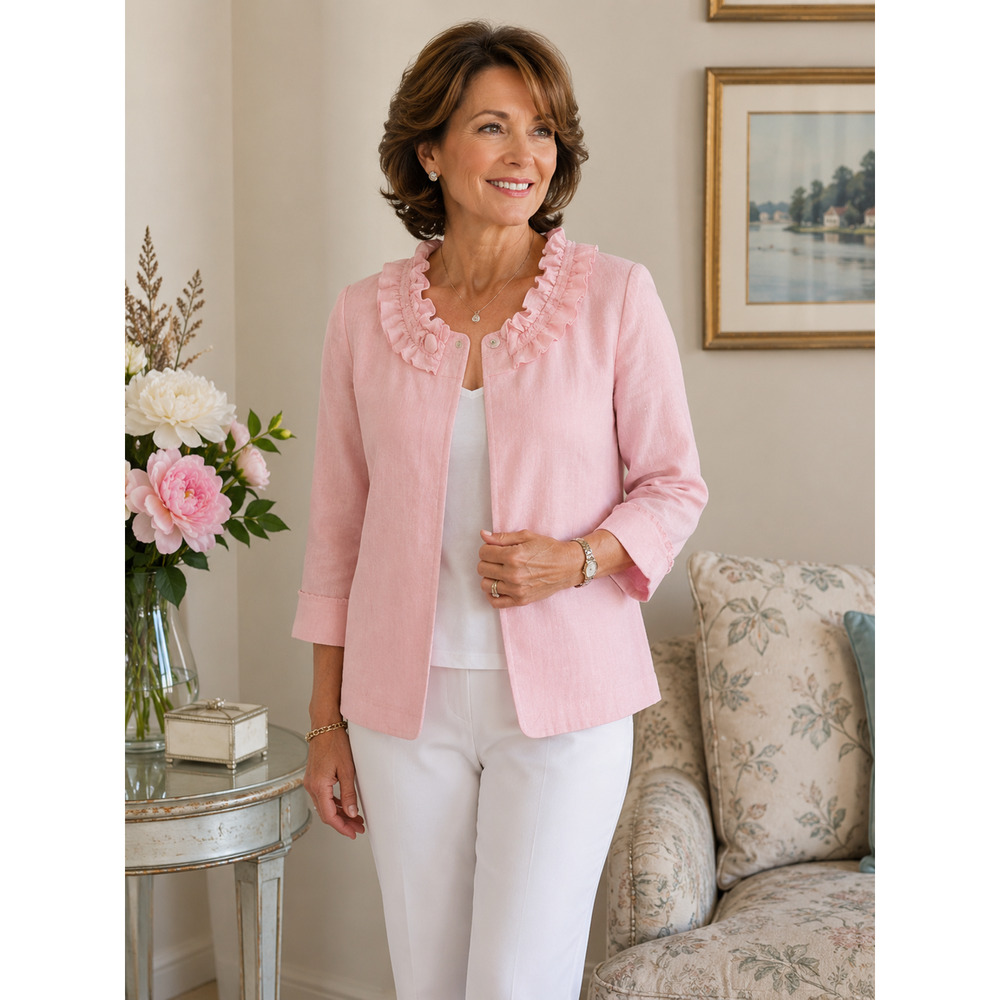 Trenz Petite by Theresa Renz Pink Linen Blend Ruffle Jacket Women PL Lined NWT